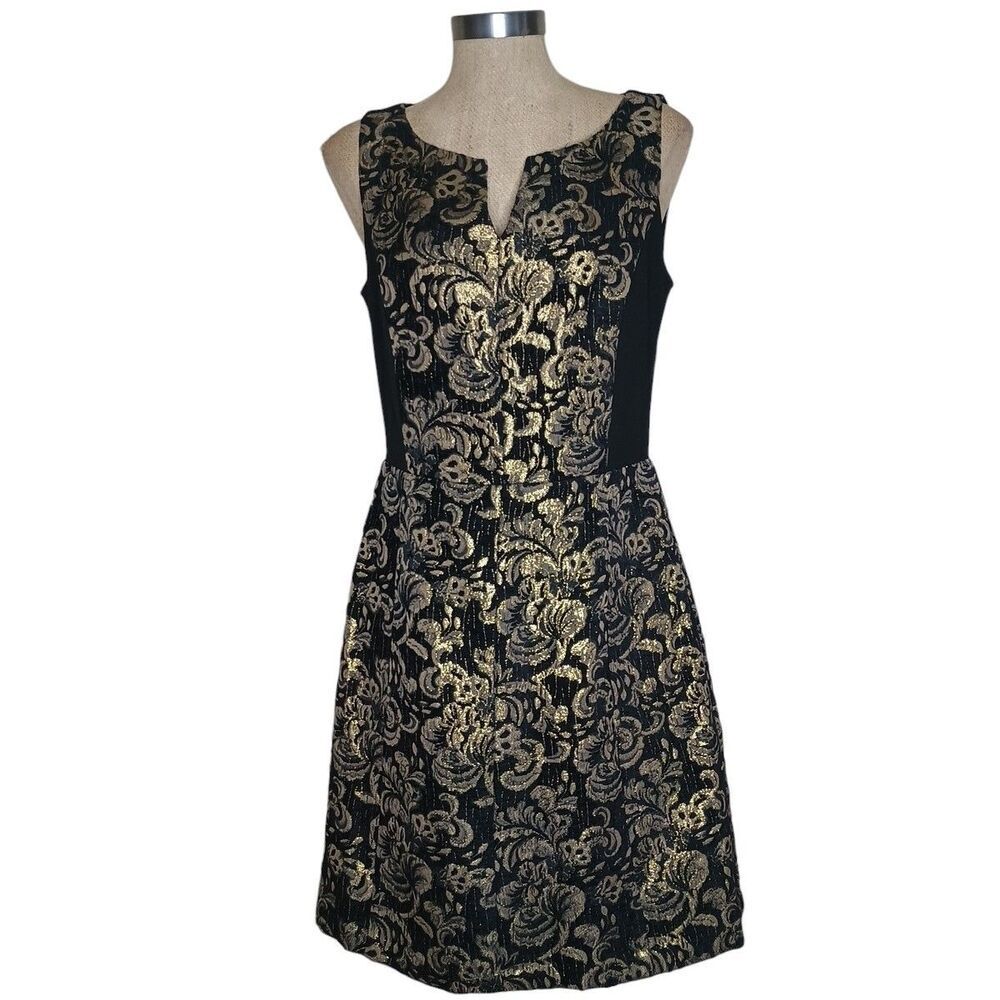 Joseph Ribkoff Dress Women's Sz 10 Black Gold Geometric Full Skirt Sleeveless
